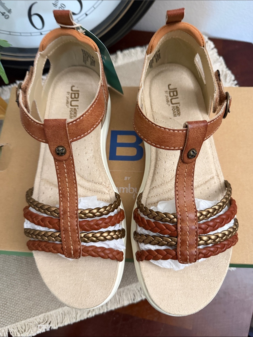 JBU Women's Brown Braided T-Strap Sandals with White Sole - Picture 4 of 13